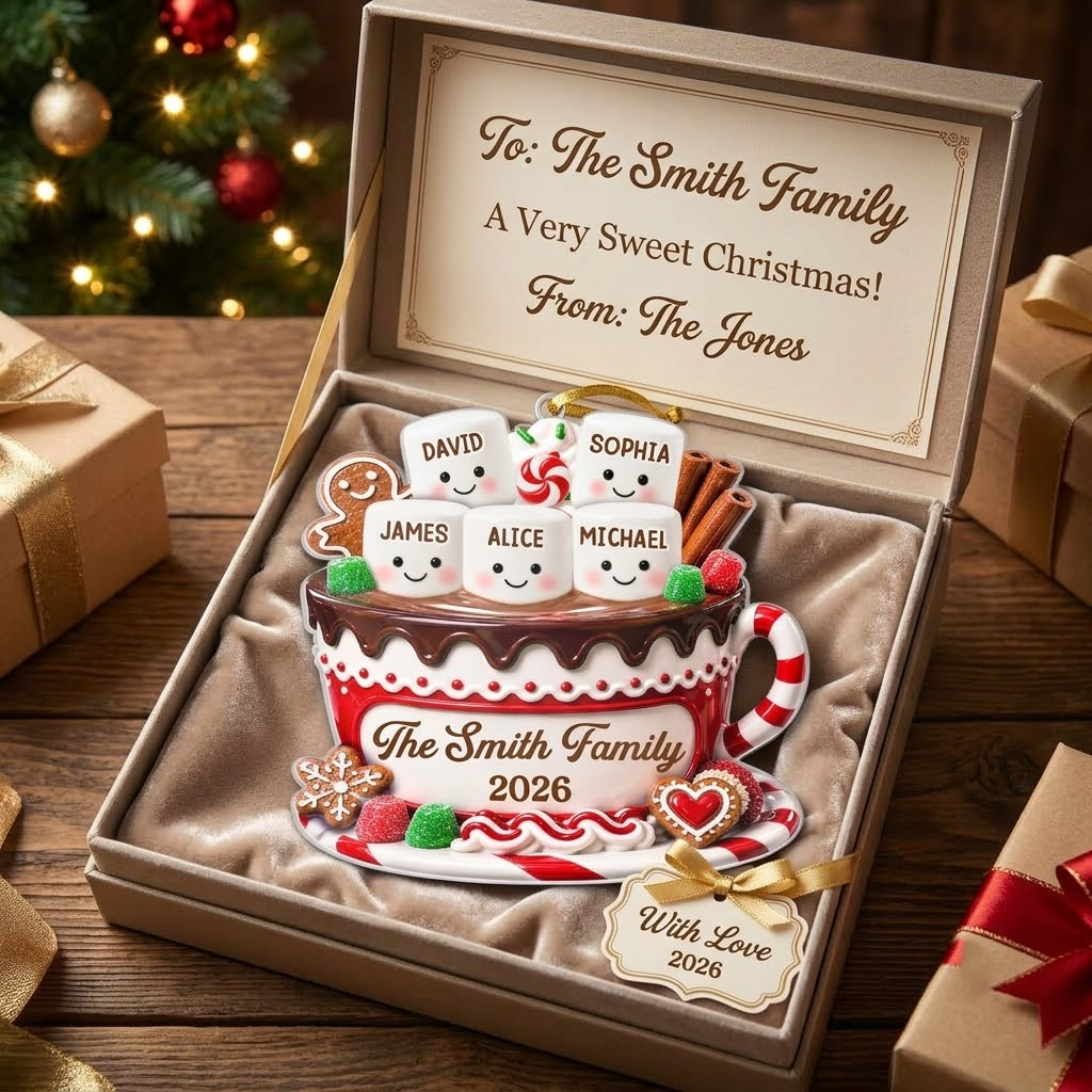 Cute Hot Cocoa Marshmallow Christmas Ornament Personalized Holiday Tree Decor Gift on a hanger, ready to ship from Austin, Texas