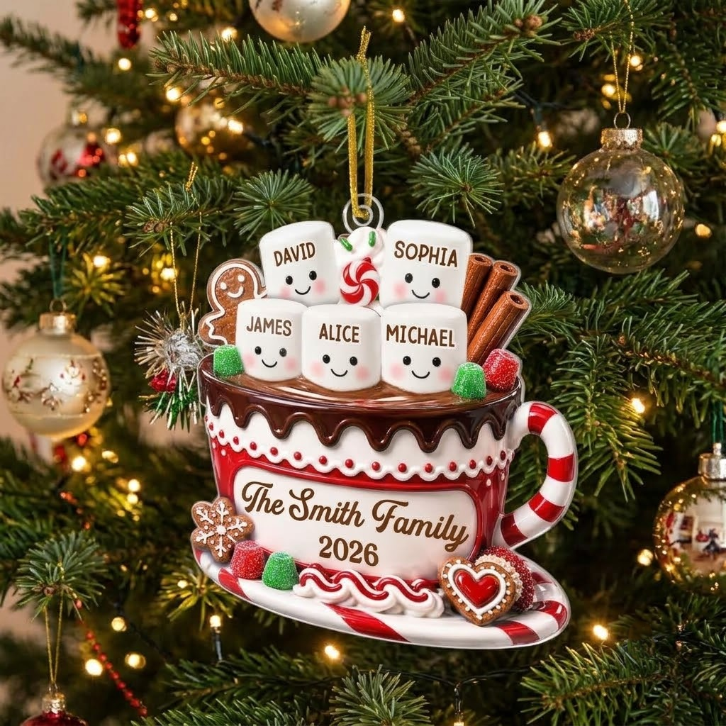 Customer in Austin, Texas wearing Cute Hot Cocoa Marshmallow Christmas Ornament Personalized Holiday Tree Decor Gift