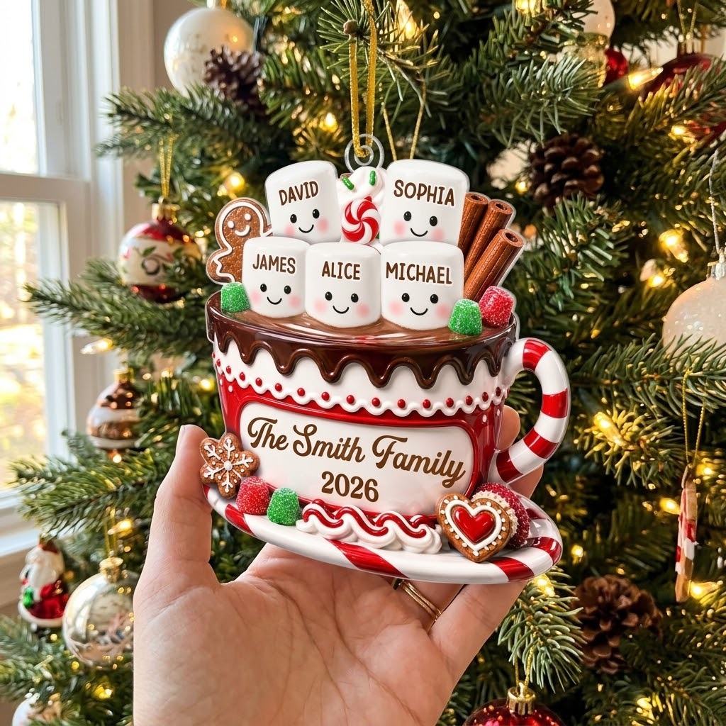 Close-up of Cute Hot Cocoa Marshmallow Christmas Ornament Personalized Holiday Tree Decor Gift for streetwear fans in Austin, Texas
