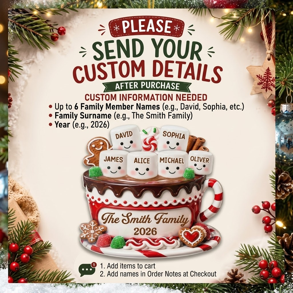 Customer in Austin, Texas wearing Cute Hot Cocoa Marshmallow Christmas Ornament Personalized Holiday Tree Decor Gift
