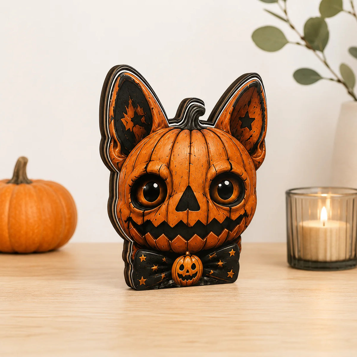 Cute Jack O Lantern Cat Wooden Cutout Sign Whimsical Retro Halloween Tabletop Decor