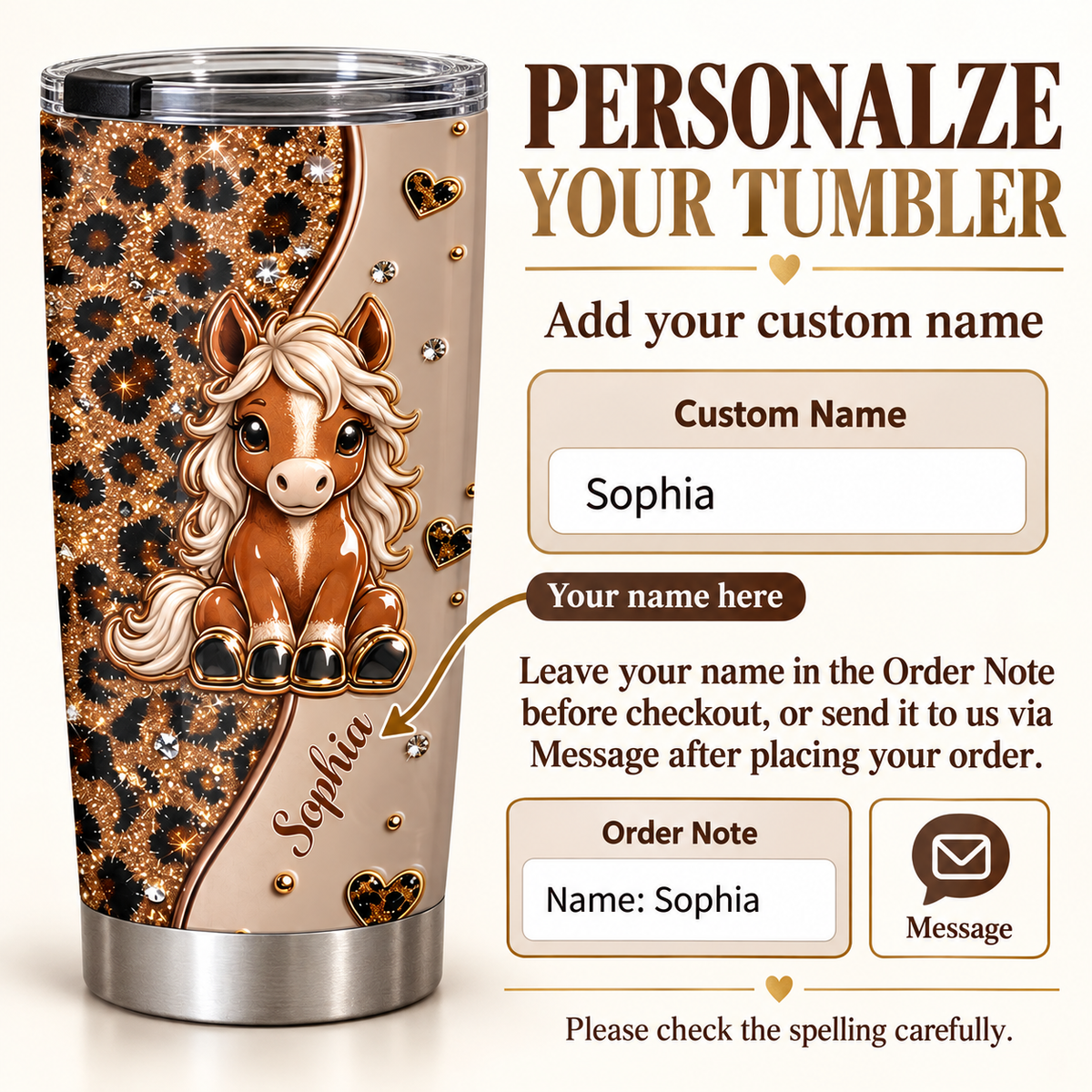 Personalized horse tumbler featuring cute pony and leopard print alongside ordering guide instructions and name customization