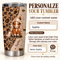 Personalized horse tumbler featuring cute pony and leopard print alongside ordering guide instructions and name customization