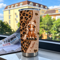 Personalized horse tumbler with cute pony and leopard print displayed on windowsill with newspaper and blurred building view.