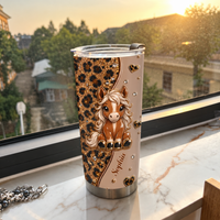 Personalized horse tumbler with cute pony and leopard print resting on marble windowsill against warm sunset cityscape
