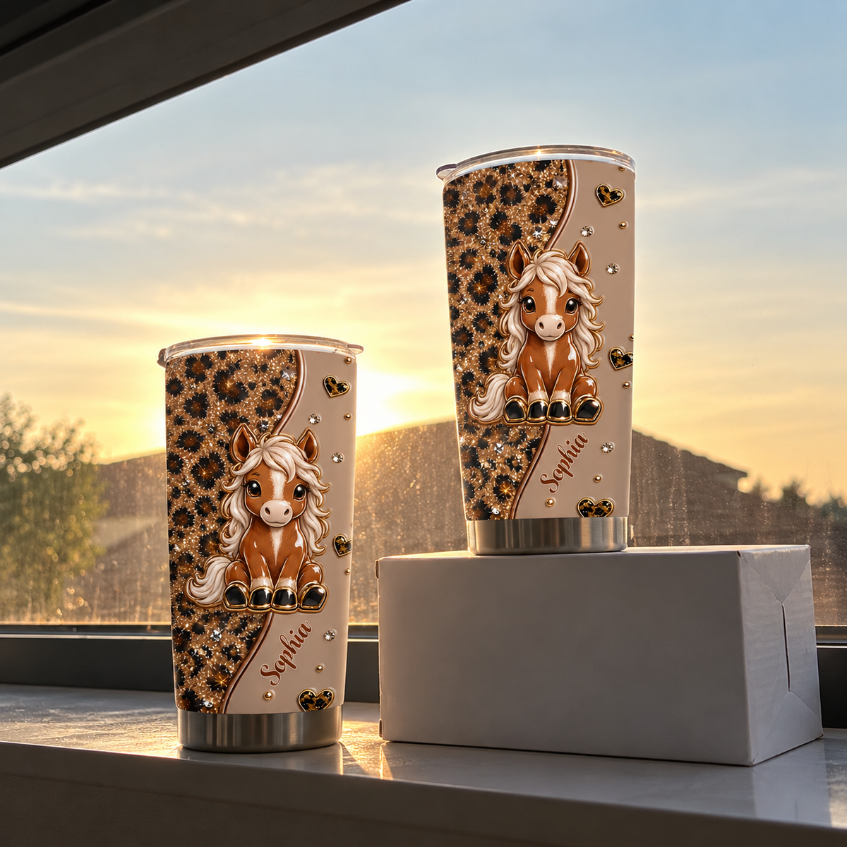Two personalized horse tumblers of different sizes with cute pony and leopard print standing on windowsill at sunset.