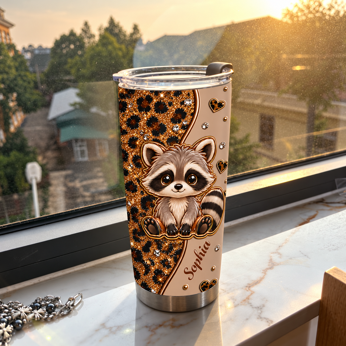 A cute raccoon leopard print tumbler with custom name Sophia sits on a marble windowsill against a sunlit background.