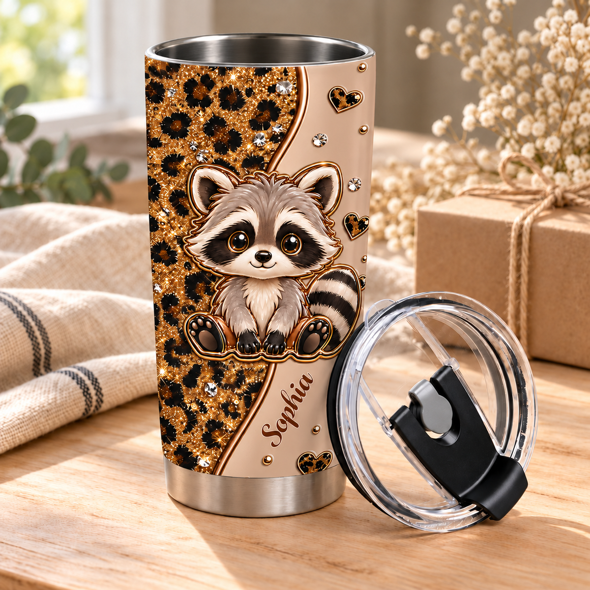 A custom name tumbler featuring a baby raccoon and glitter leopard print stands beside its matching lid and a gift box.