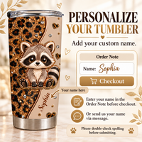 A product customization graphic for a cute raccoon leopard print tumbler shows steps to add a custom name before checkout.