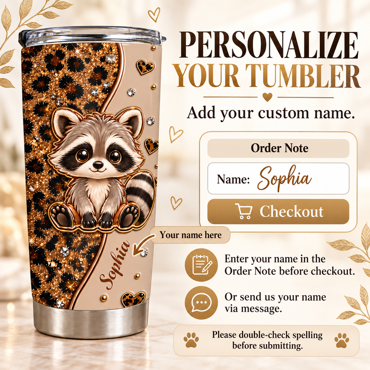 A product customization graphic for a cute raccoon leopard print tumbler shows steps to add a custom name before checkout.