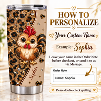 A personalized chicken cup featuring a cute rooster and leopard print next to text instructions on how to order.