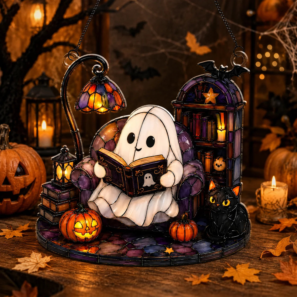 Cute Stained Glass Ghost Reading Book Halloween Ornament Cozy Spooky Black Cat Decor Gift For Book Lovers