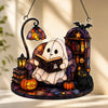 Cute Stained Glass Ghost Reading Book Halloween Ornament Cozy Spooky Black Cat Decor Gift For Book Lovers