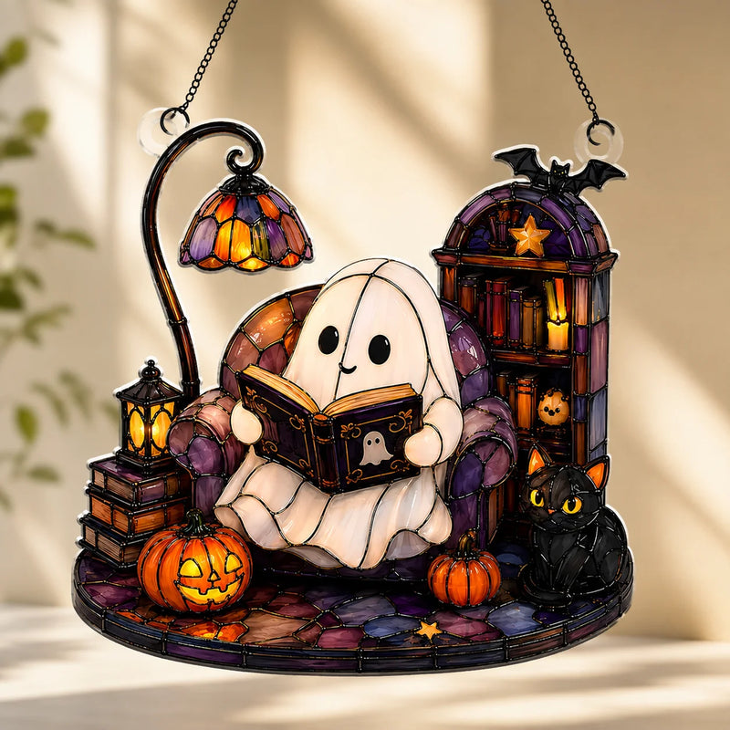 Cute Stained Glass Ghost Reading Book Halloween Ornament Cozy Spooky Black Cat Decor Gift For Book Lovers