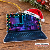Angle view of the 2D flat acrylic laptop ornament showing its 3mm thickness and custom Lucas Santa hat.