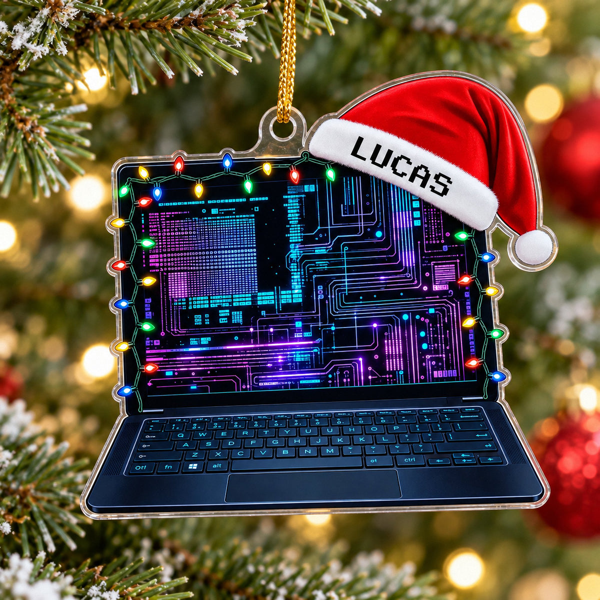 Personalized laptop ornament hanging on a festive Christmas tree with glowing lights and pine needles.