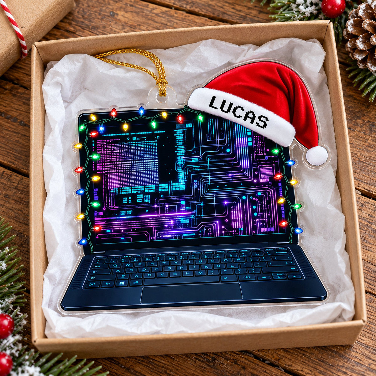 Acrylic laptop ornament packed inside a cardboard gift box lined with white tissue paper.