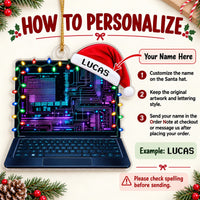 Instruction graphic showing how to personalize the cyberpunk laptop ornament with a custom name on the Santa hat.