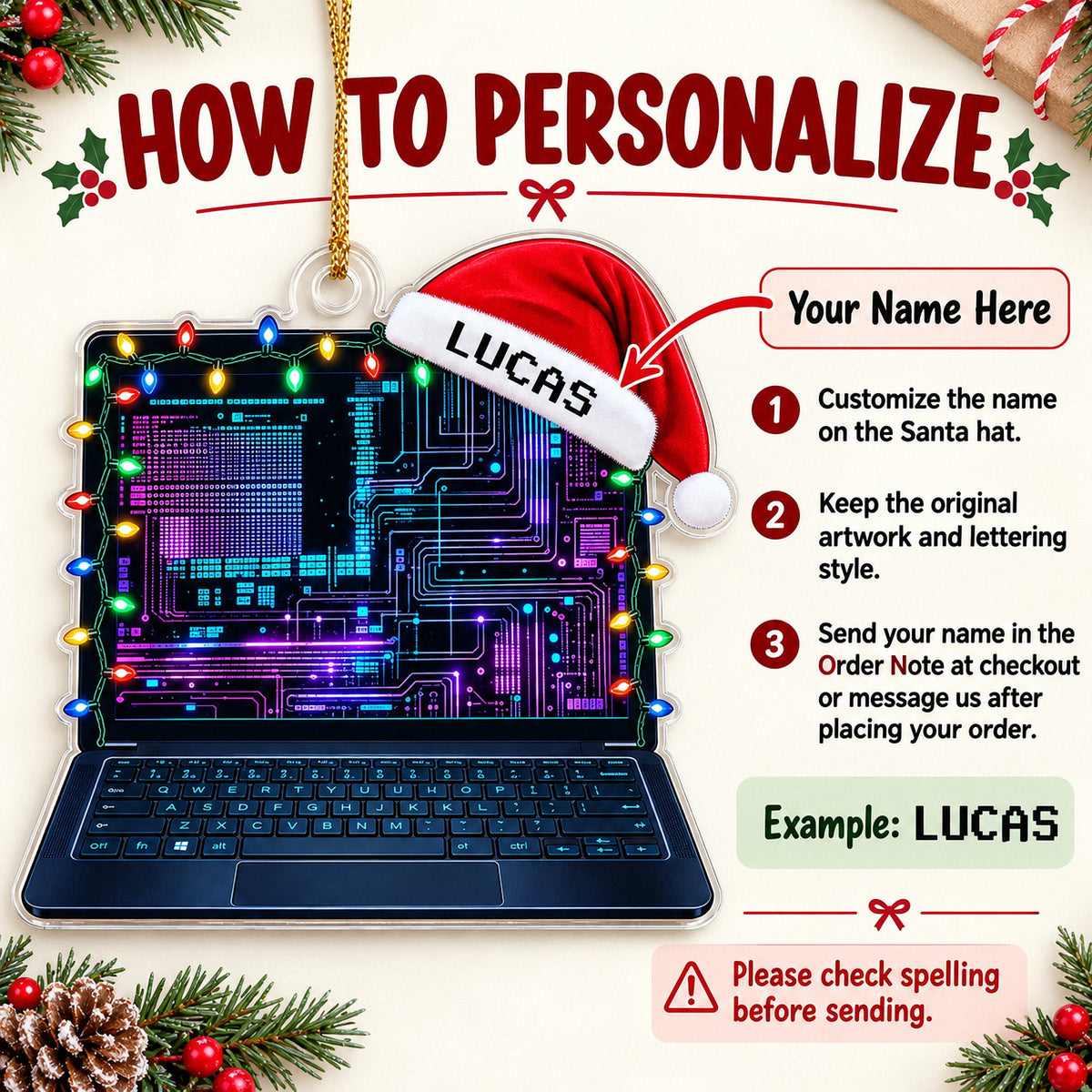 Instruction graphic showing how to personalize the cyberpunk laptop ornament with a custom name on the Santa hat.