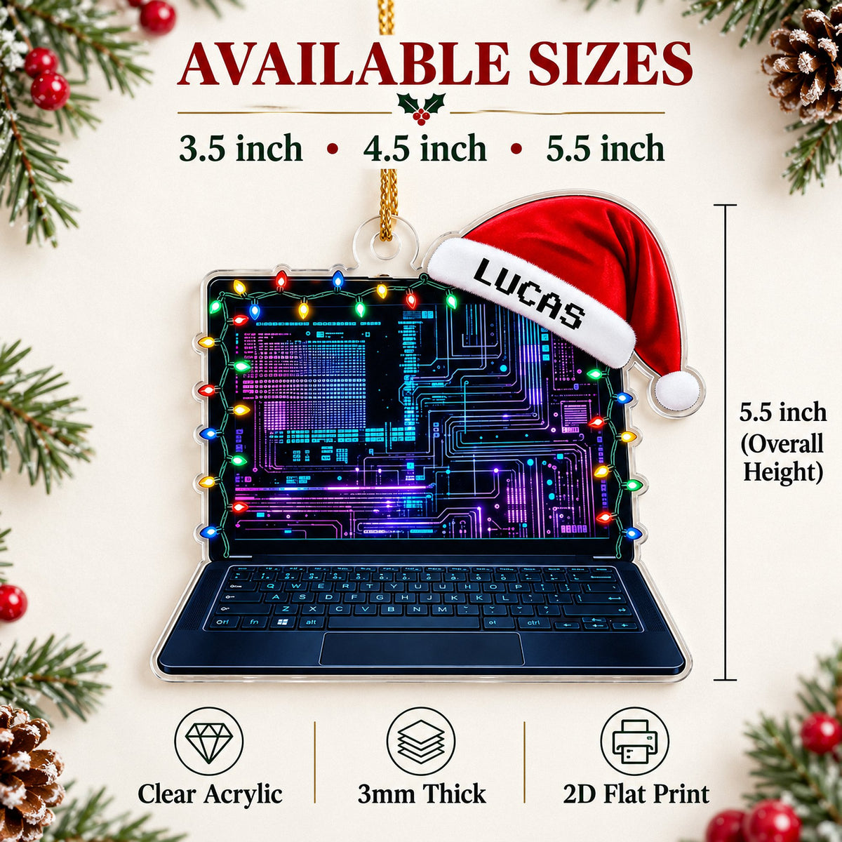 Size guide graphic for the acrylic laptop ornament listing available dimensions from 3.5 to 5.5 inches.