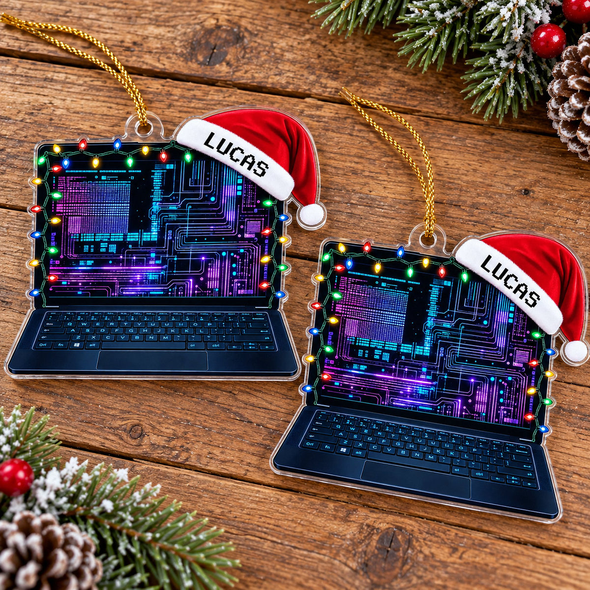 Two flat acrylic laptop ornaments on a wooden surface, featuring neon circuit screens, string lights, and Santa hats