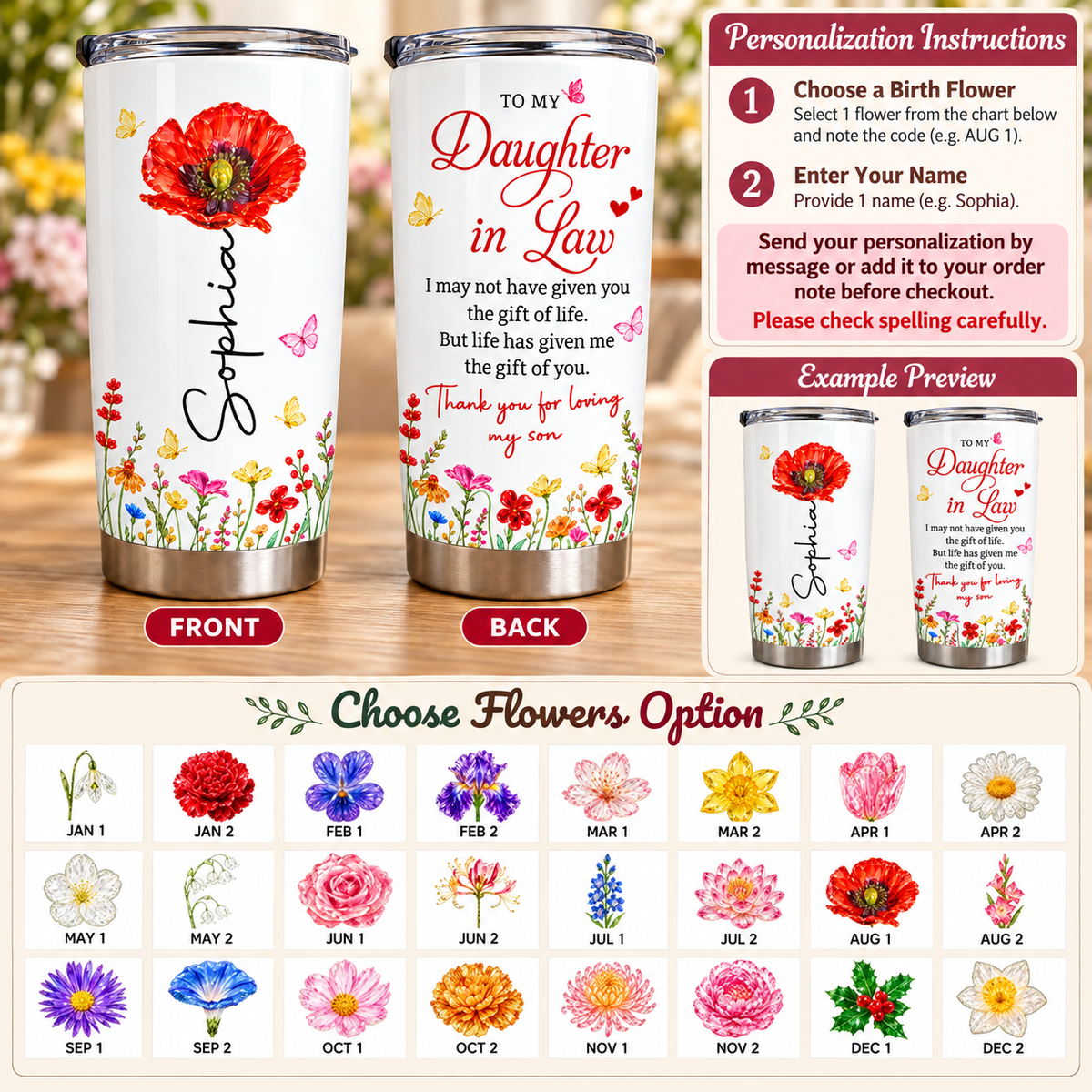 Personalized Daughter in Law Birth Flower Tumbler Custom Name Gift - personalization guide