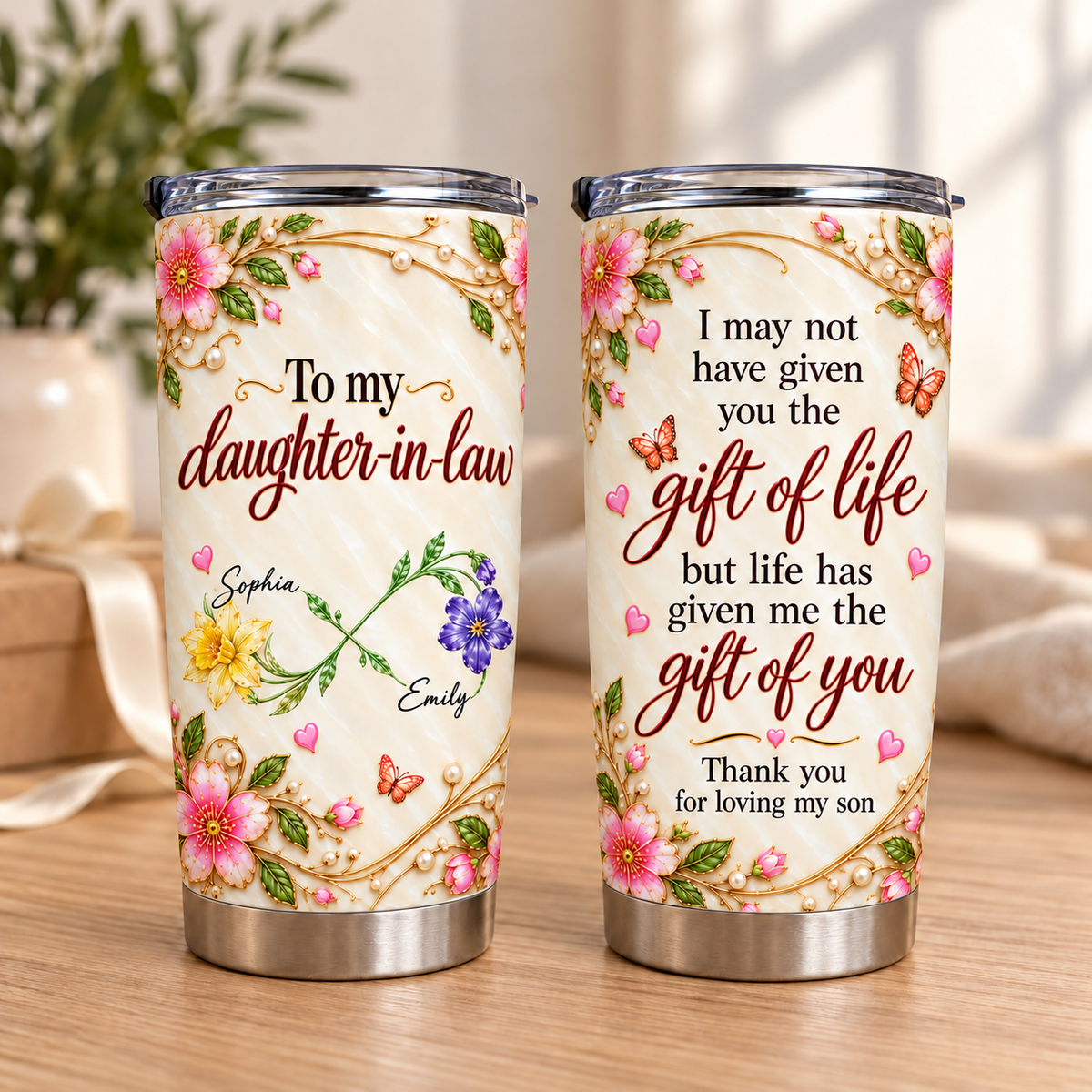Personalized Daughter in Law Crossed Birth Flowers Tumbler Custom Names Gift - main design