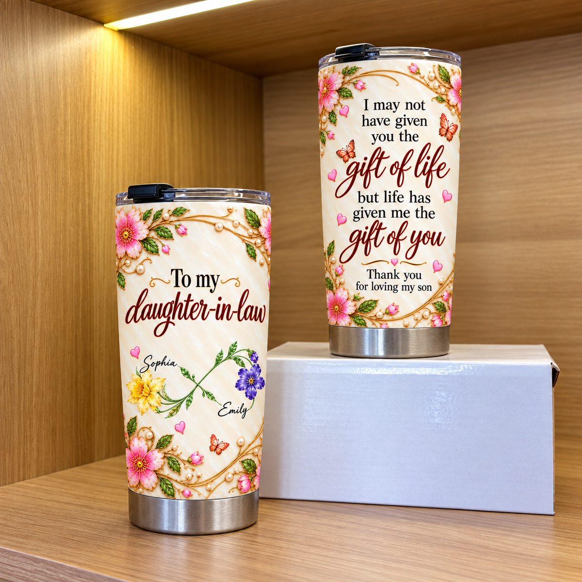 Personalized Daughter in Law Crossed Birth Flowers Tumbler Custom Names Gift - product view 2