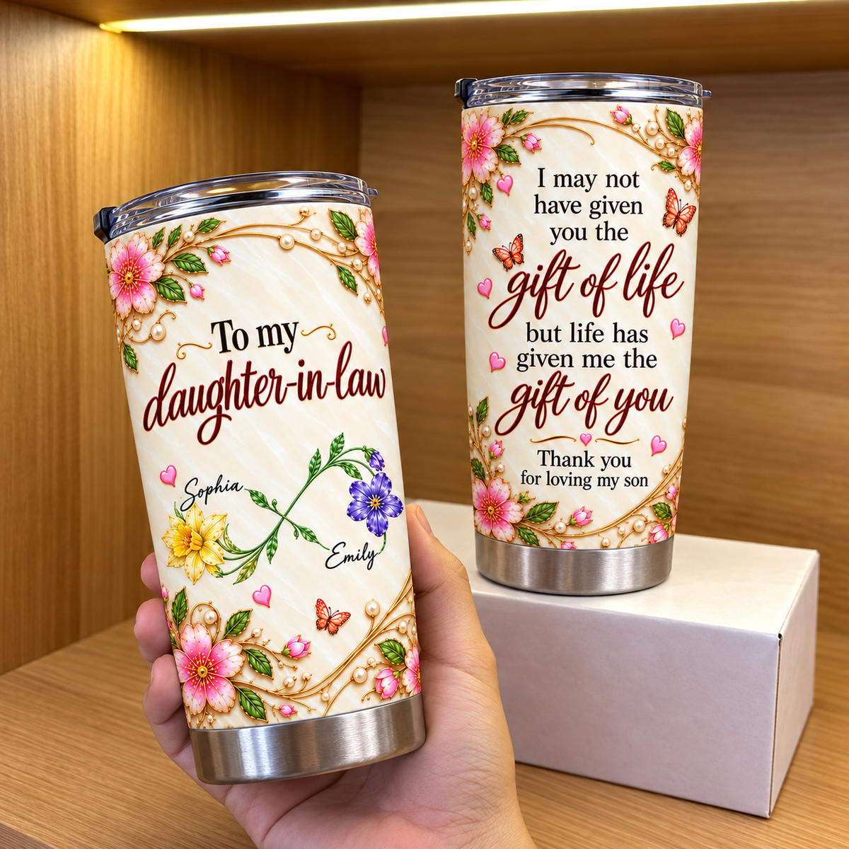 Personalized Daughter in Law Crossed Birth Flowers Tumbler Custom Names Gift - product view 3