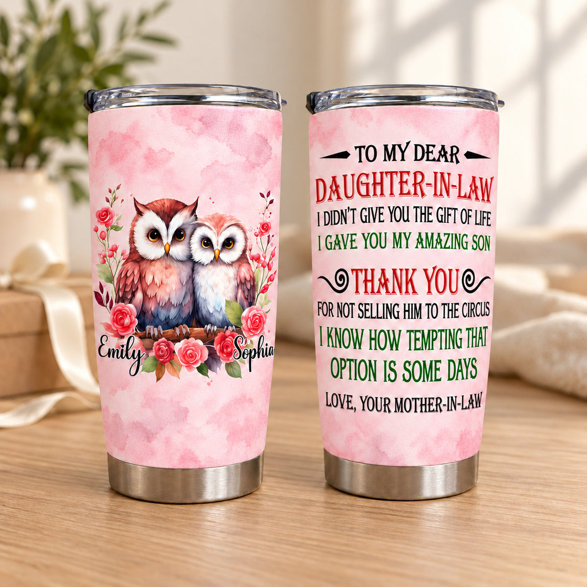 Personalized Daughter in Law Owl Tumbler Custom Names Message Gift - main product view