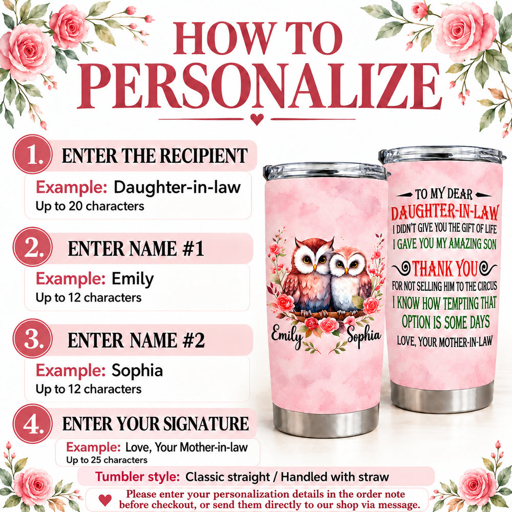 Personalized Daughter in Law Owl Tumbler Custom Names Message Gift - personalization options and ordering guide
