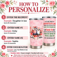Personalized Daughter in Law Owl Tumbler Custom Names Message Gift - personalization options and ordering guide