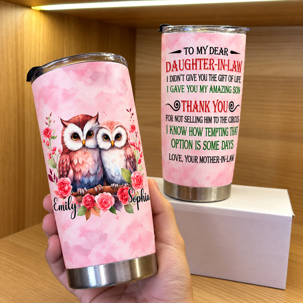 Personalized Daughter in Law Owl Tumbler Custom Names Message Gift - product view 4