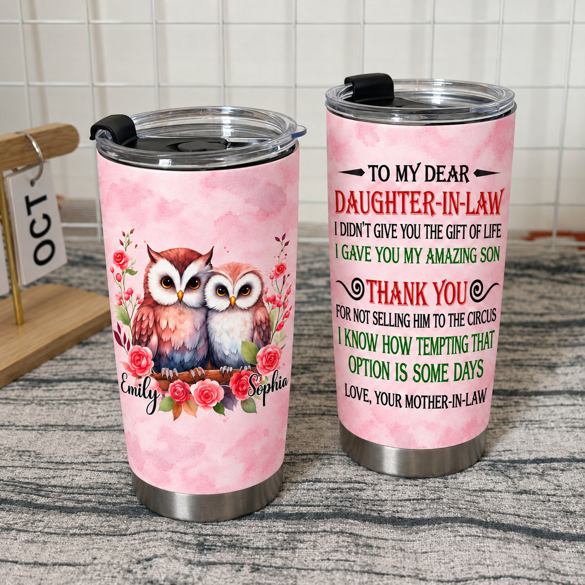 Personalized Daughter in Law Owl Tumbler Custom Names Message Gift - product view 6