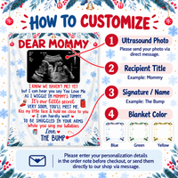 Infographic showing instructions on how to customize the pregnancy announcement blanket with photos and text.