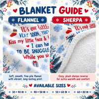 Blanket material guide comparing smooth flannel and plush sherpa fleece options with size charts for the pregnancy