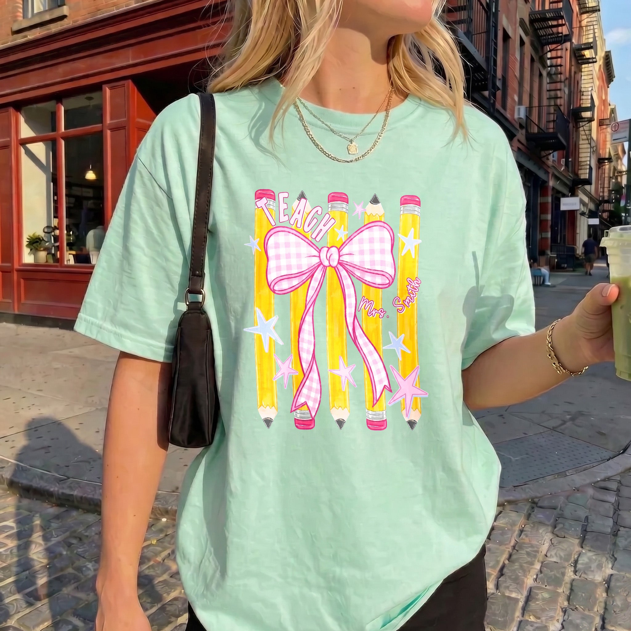 Bojjico Custom Teacher Shirt Oversized Tee For Teachers Coquette Preppy Aesthetic Mint Green Cotton Personalized Grade Pencil Bow Graphic Back To School First Day Teacher Appreciation Team Matching