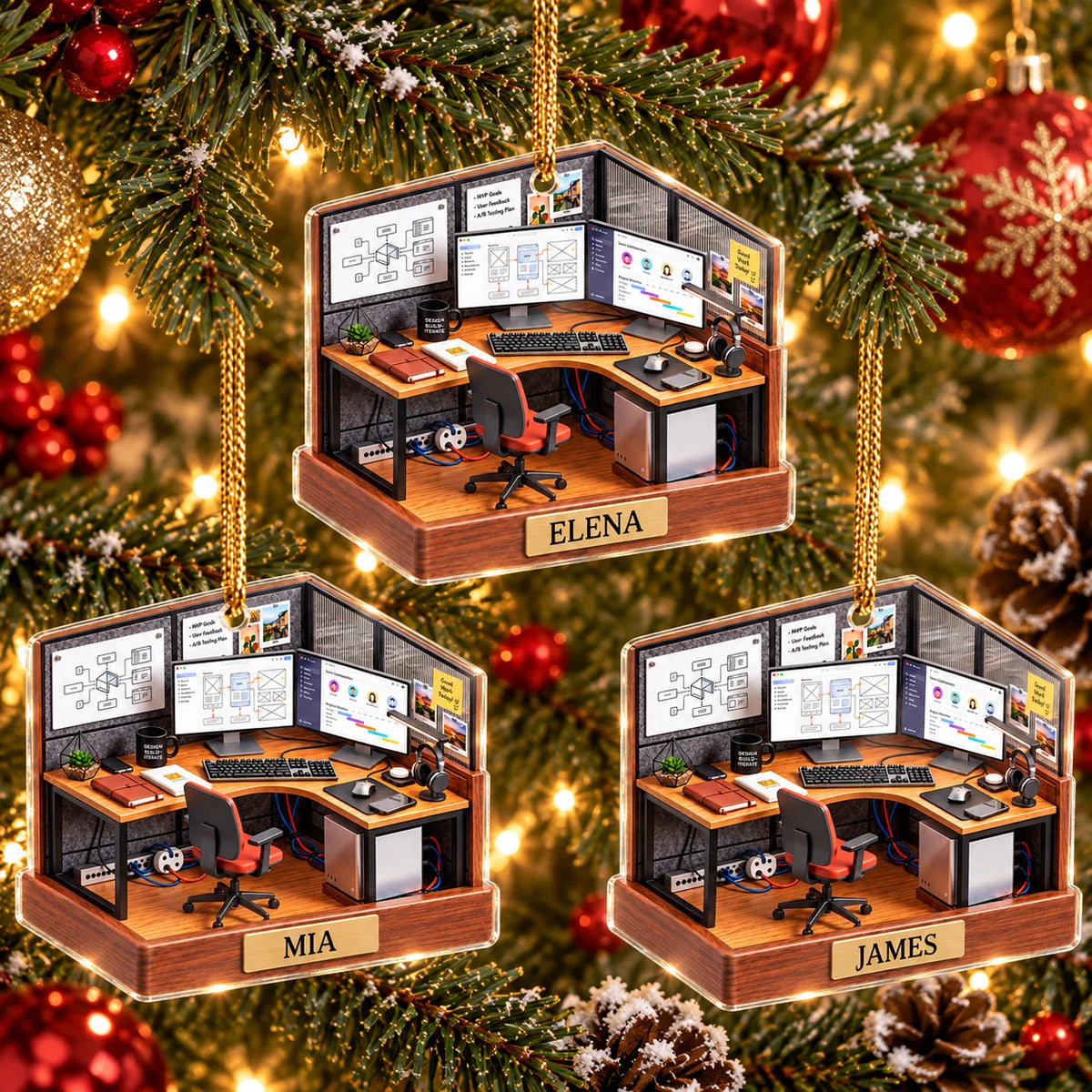 Three custom acrylic ornaments showing mini corner desk setups with different names ELENA, MIA, and JAMES on Christmas tree.