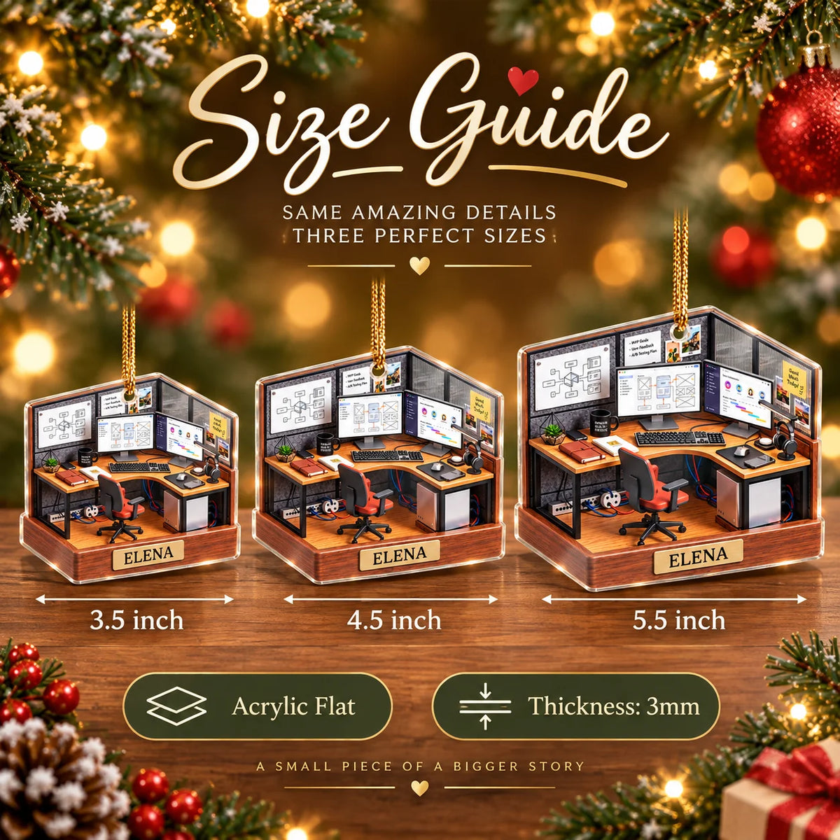 Size guide graphic showing three acrylic ornaments in 3.5, 4.5, and 5.5 inch options with flat 3mm thickness design.