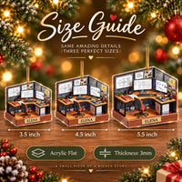 Size guide graphic showing three acrylic ornaments in 3.5, 4.5, and 5.5 inch options with flat 3mm thickness design.