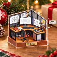 Design Build Iterate ornament resting on a wooden surface with a 3mm thickness callout badge and Christmas tree background.