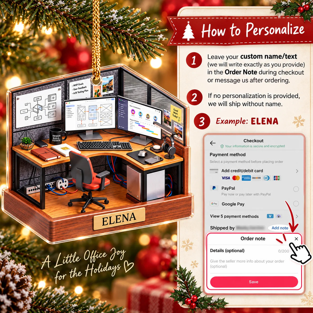 How to personalize graphic beside the office desk ornament showing checkout order note instructions for custom names.
