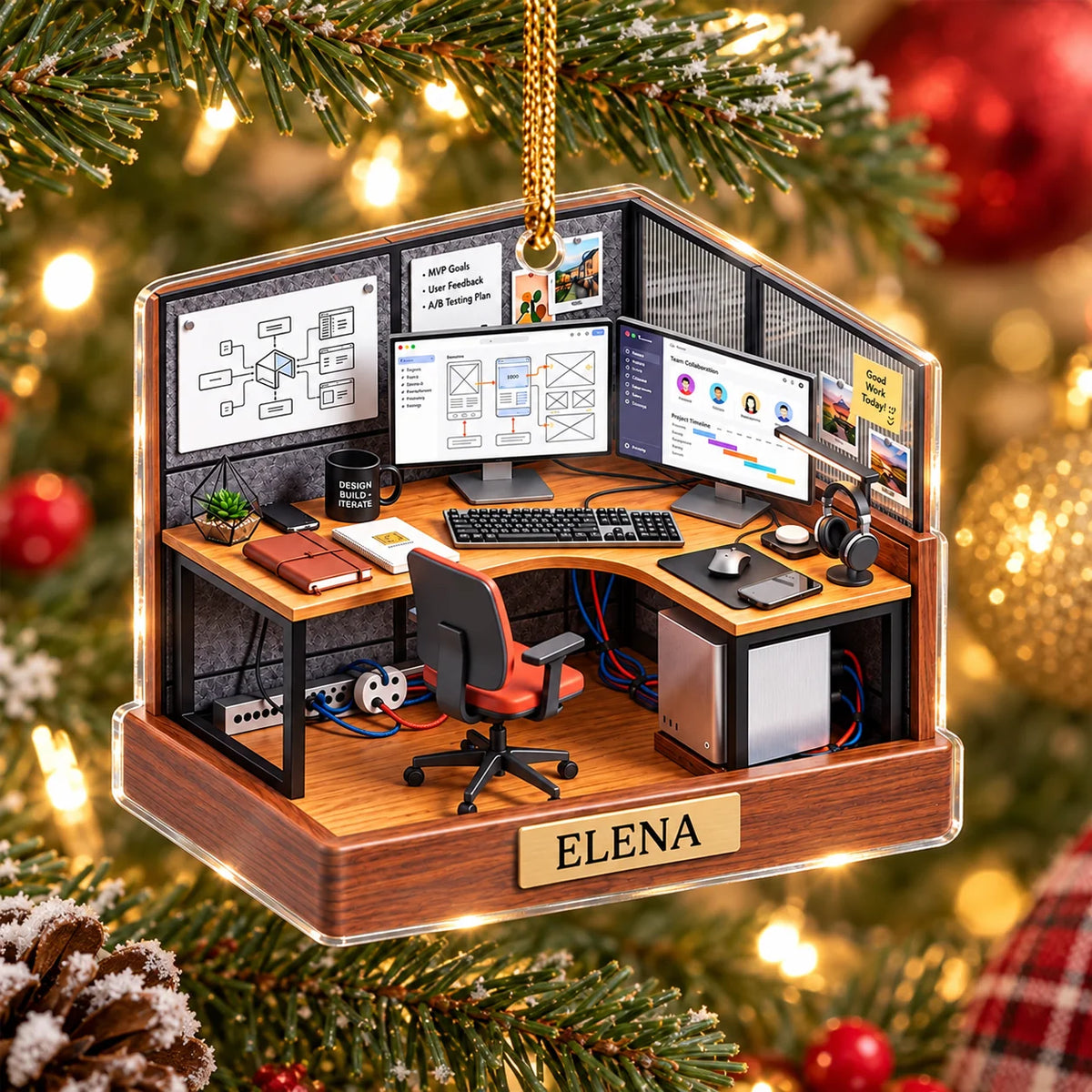 Design Build Iterate ornament hanging on a Christmas tree featuring a miniature office cubicle with dual monitors and name