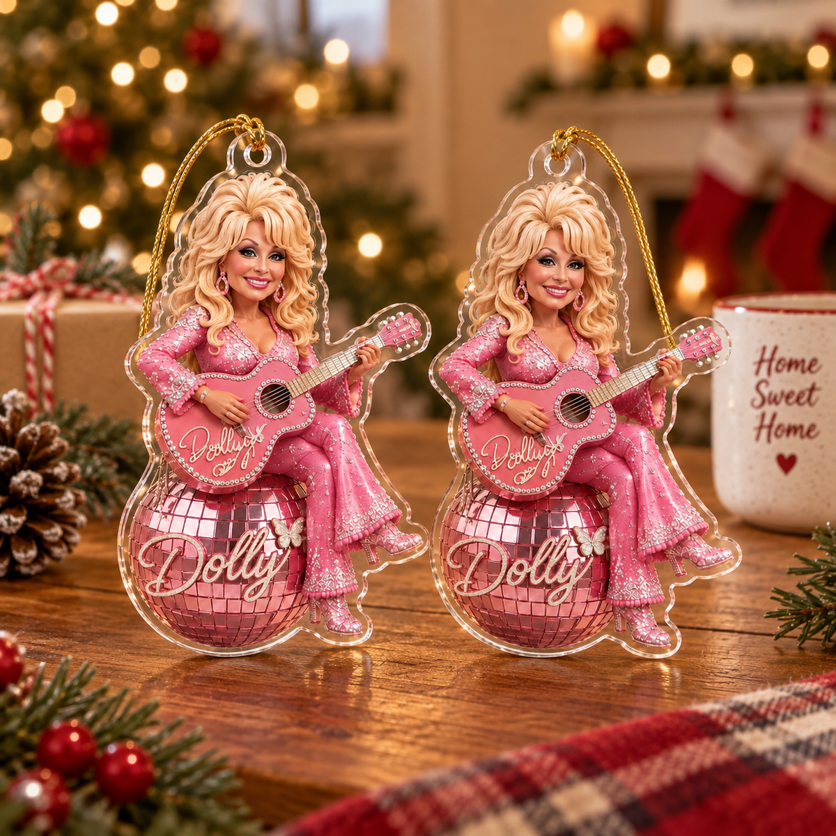Customer in Austin, Texas wearing Dolly Parton Christmas Ornament Acrylic Holiday Tree Decoration Gift for Country Music Fans