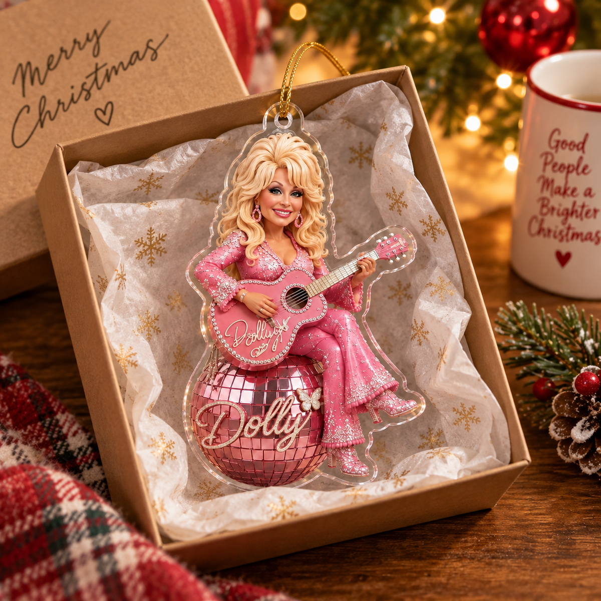 Close-up of Dolly Parton Christmas Ornament Acrylic Holiday Tree Decoration Gift for Country Music Fans for streetwear fans in Austin, Texas
