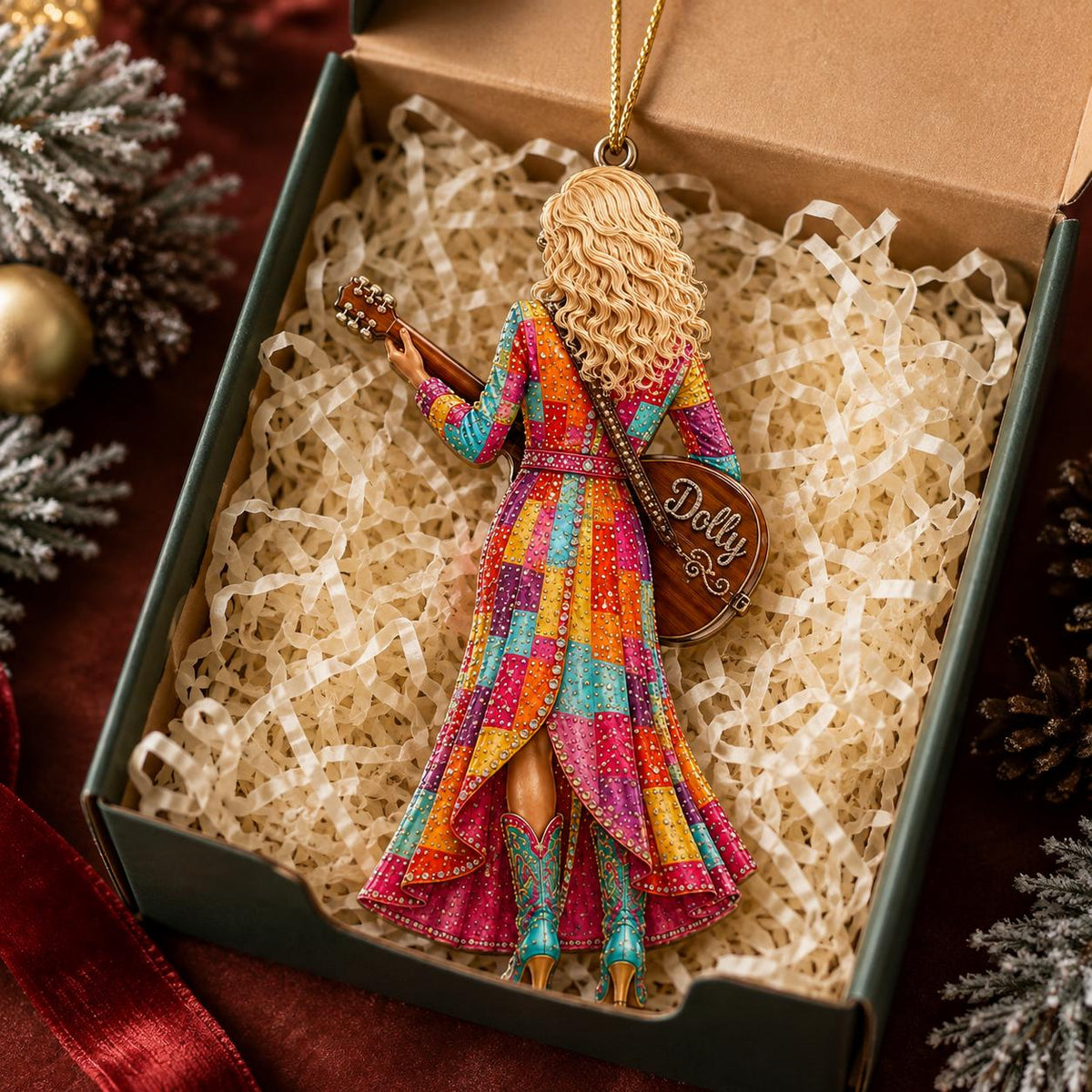 Customer in Austin, Texas wearing Dolly Parton Christmas Ornament Have A Holly Dolly Country Music Fan Gift