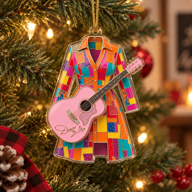 Dolly Parton Coat of Many Colors Acrylic Christmas Ornament available at our Austin, Texas warehouse
