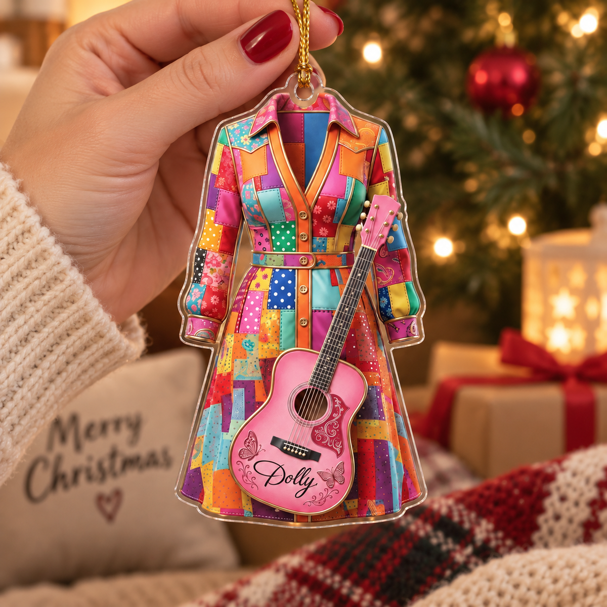 Dolly Parton Coat of Many Colors Acrylic Ornament Personalized Christmas Gift for Country Music Fans on a hanger, ready to ship from Austin, Texas