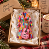 Customer in Austin, Texas wearing Dolly Parton Coat of Many Colors Acrylic Ornament Personalized Christmas Gift for Country Music Fans