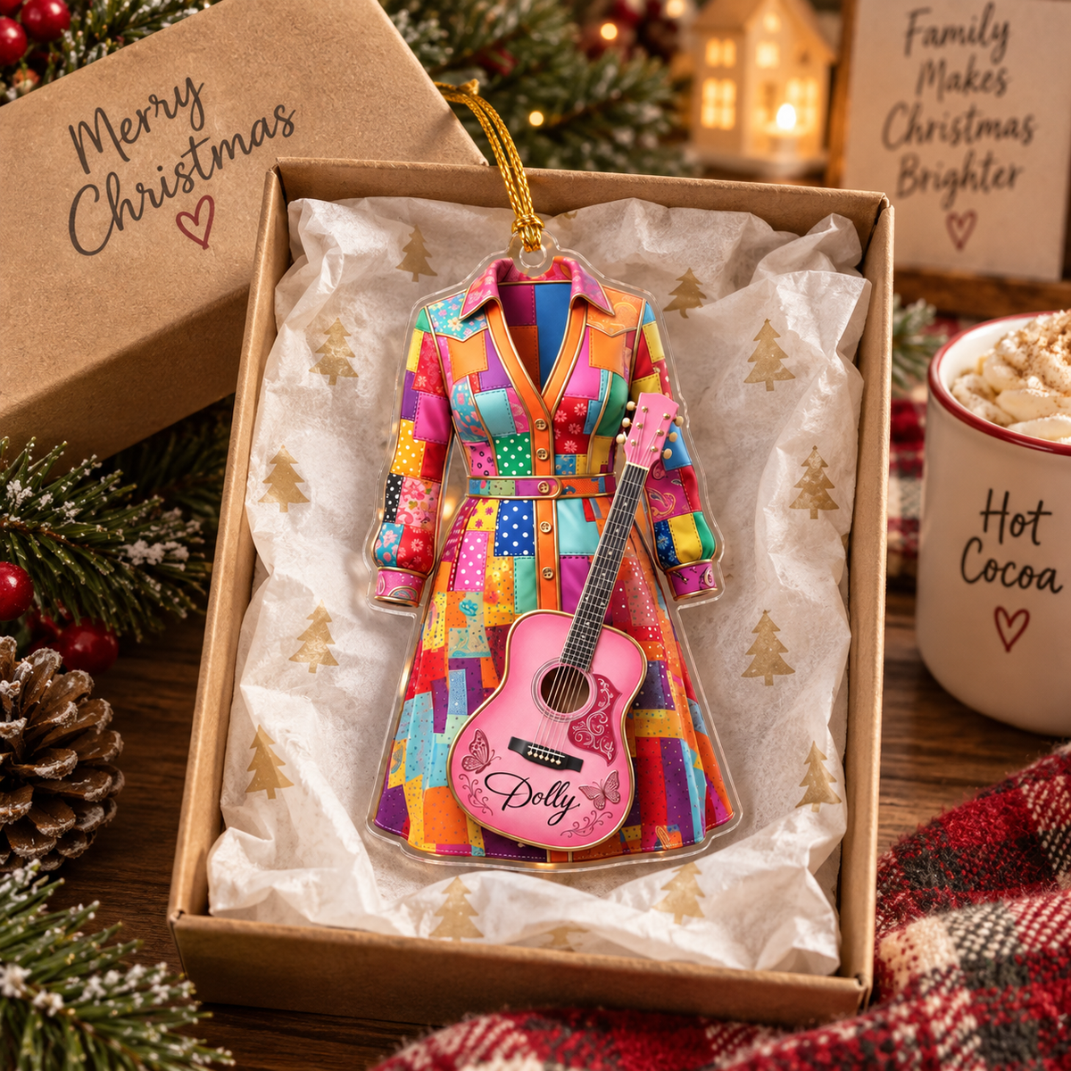 Customer in Austin, Texas wearing Dolly Parton Coat of Many Colors Acrylic Ornament Personalized Christmas Gift for Country Music Fans